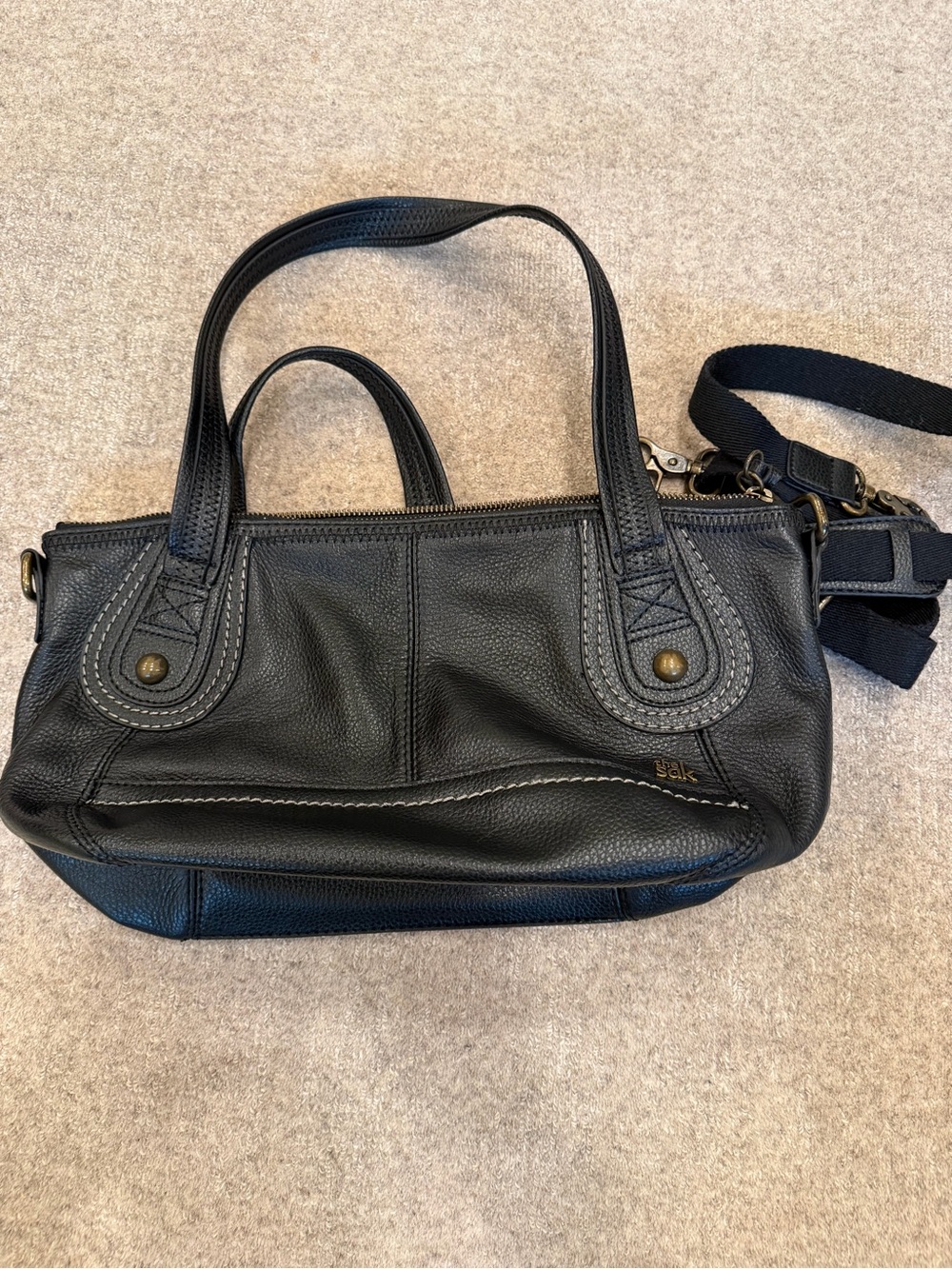 The Sak Black Pebble Leather Moto Biker Iris Satchel Baguette Bag